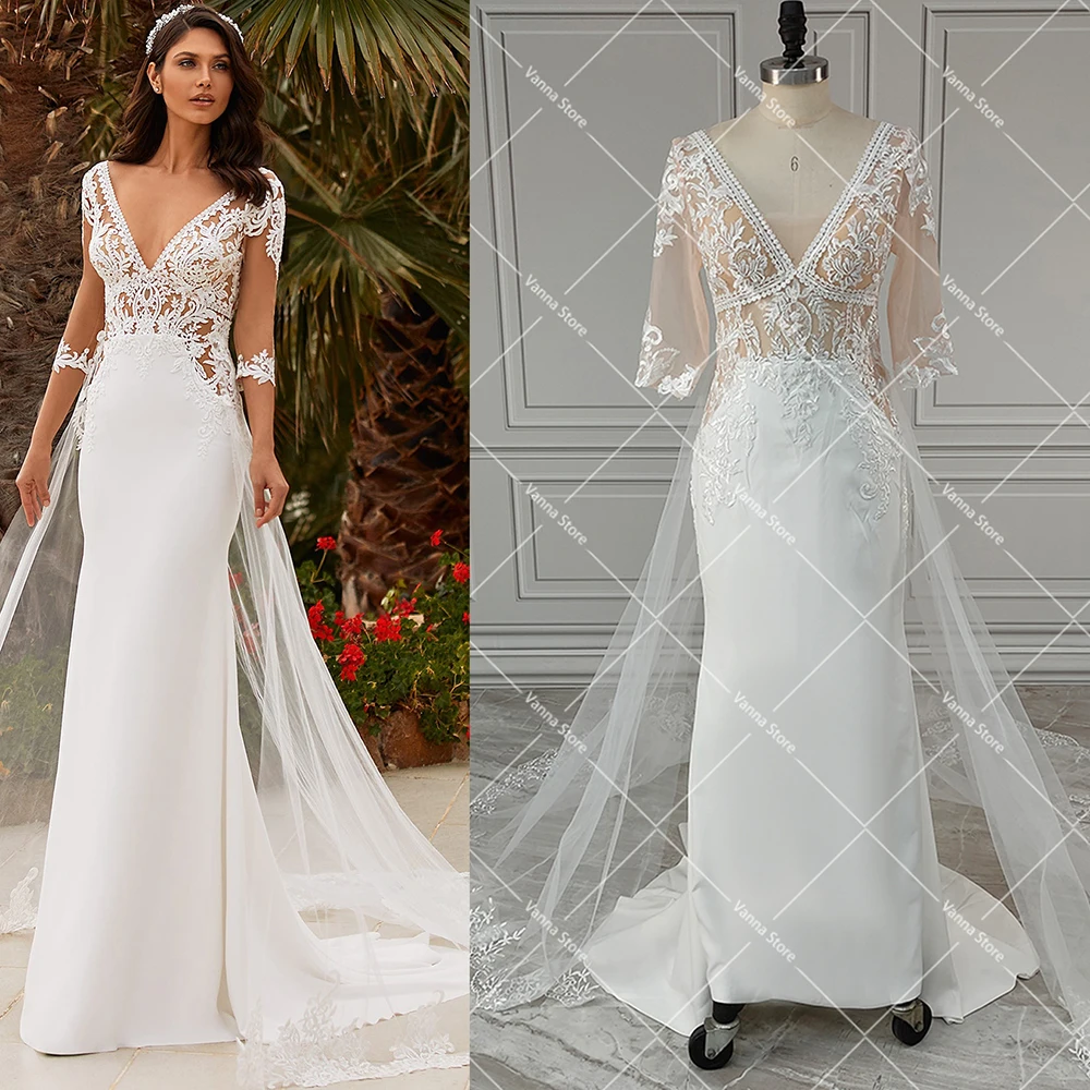 Three Quarter Sleeves Lace Wedding Dress V Neck Mermaid Satin Beach Detachable Train Elegant Plus Size Bridal Gown Customized