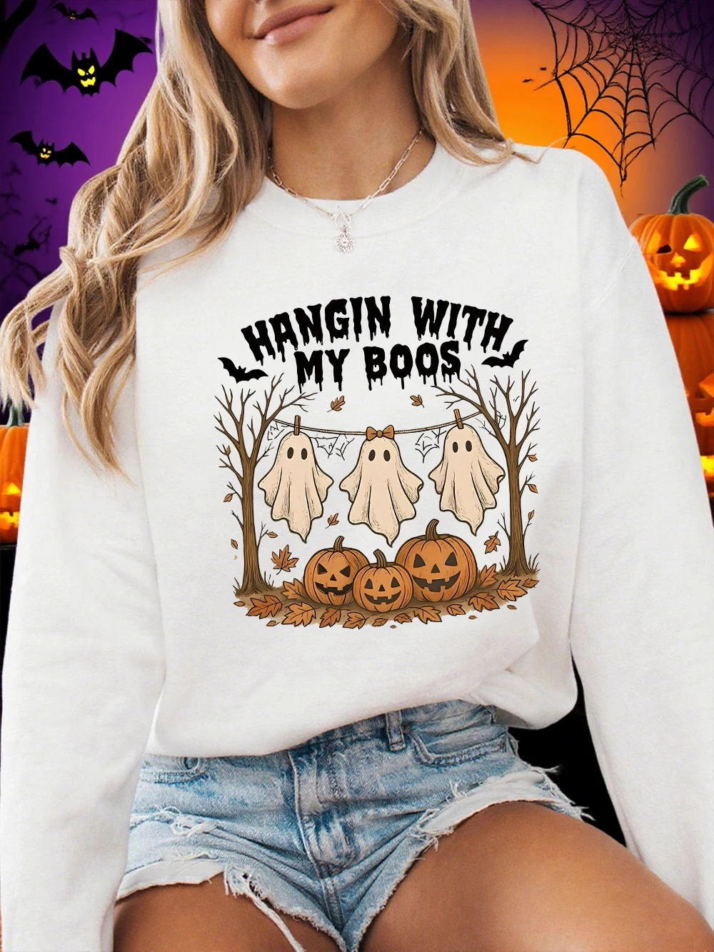 Halloween Sweatshirt Vrouwen Hangin With My Boos Gedrukt Hoodie Losse Fleece Warme Crewneck Trui Winter Casual Dameskleding