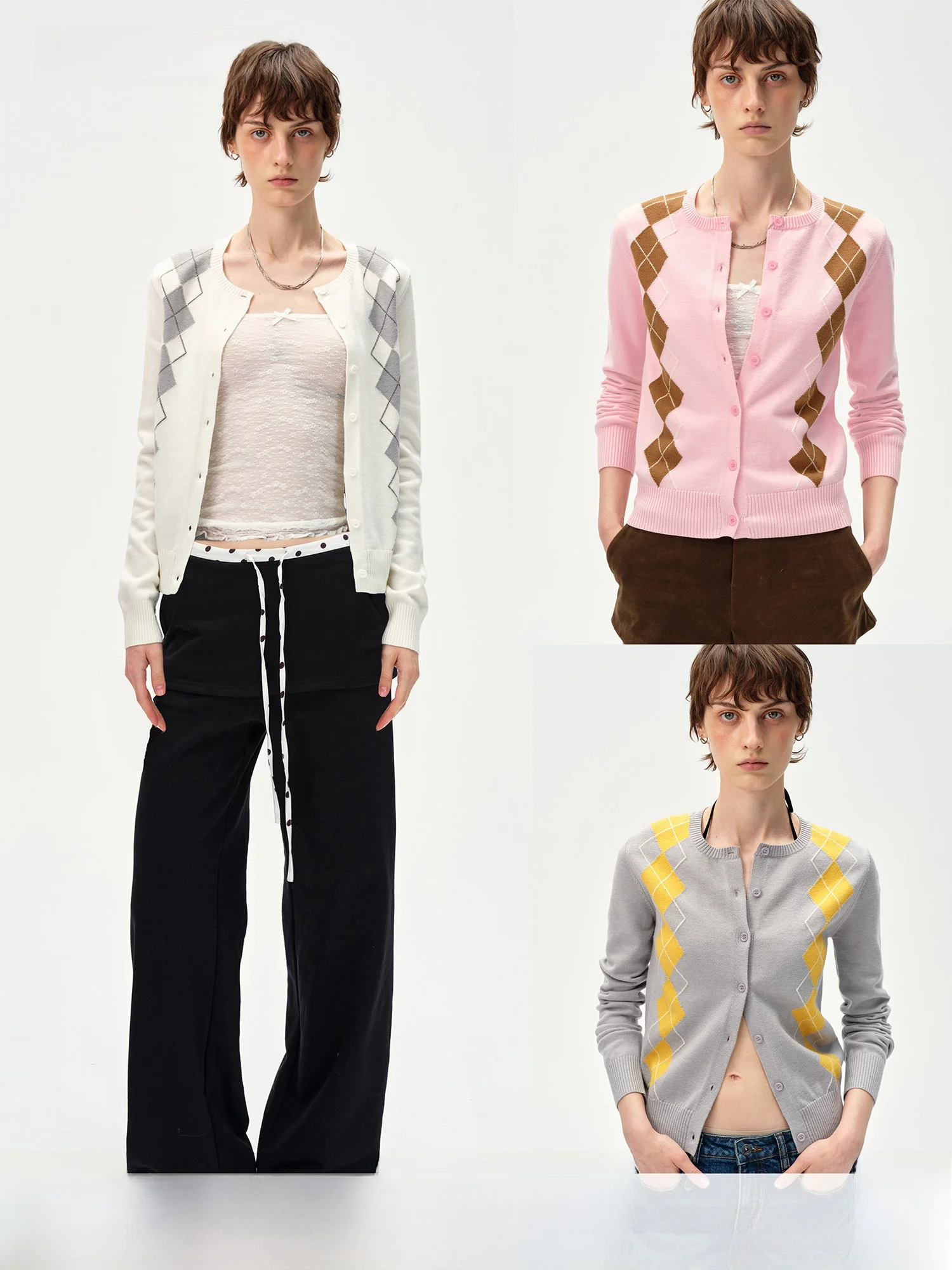 

Soft Skin-friendly Curri And Women's Knitted Sweater Cardigan Long Sve round Ne Warm Polyester Blend Diamond Pattern Cit...