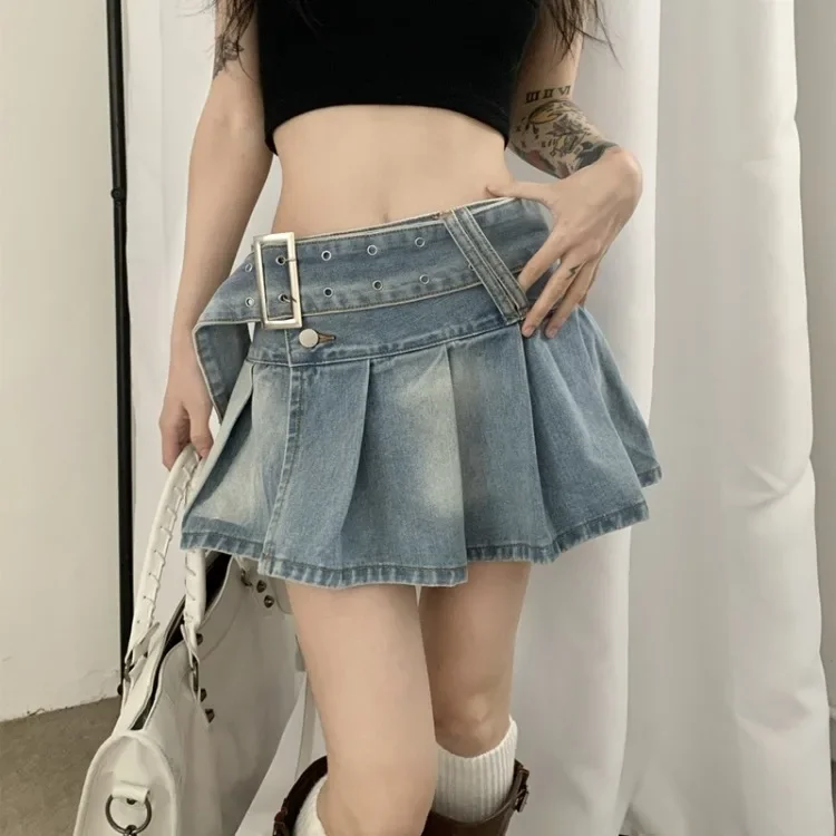 

2024 Summer New Blue Denim Skirt for Women Fashion Sweet High Waist A-line Skirts Y2k Grunge Split Ruched Faldas Mujer