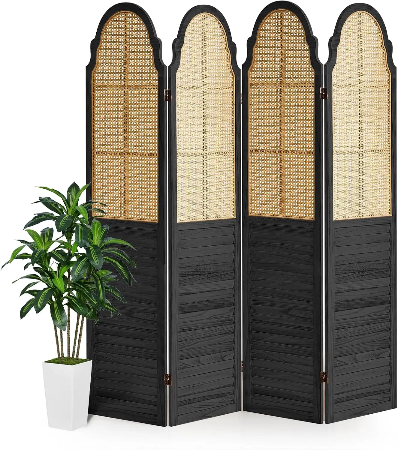 Room Divider 4 Panel Folding Privacy Screen, Woven Rattan Freestanding Partition Wall, Portable Room Separation Decoration Accent, Rustic Farmhouse Boho Style, Black, Single Piece