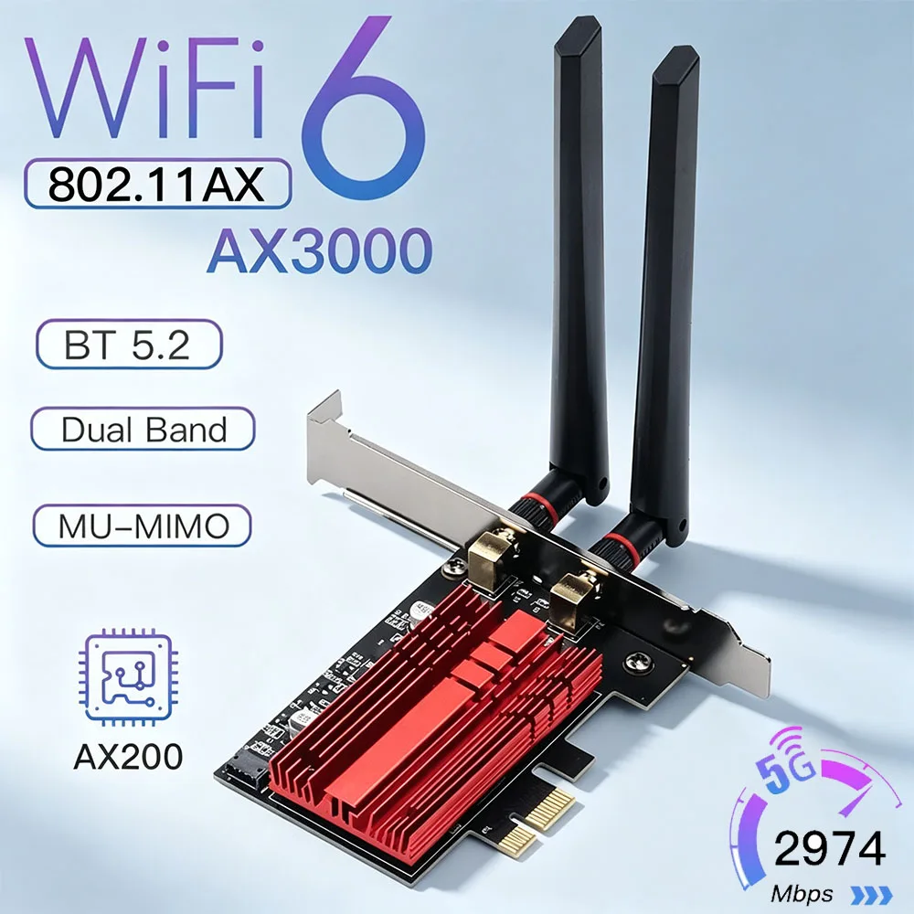 WiFi 6 AX3000 PCI‑E Wireless Card BT5.2 Dual Band 2.4G 5Ghz Gaming Adapter AX200 High Speed Network For Win10 Win11 Desktop PC