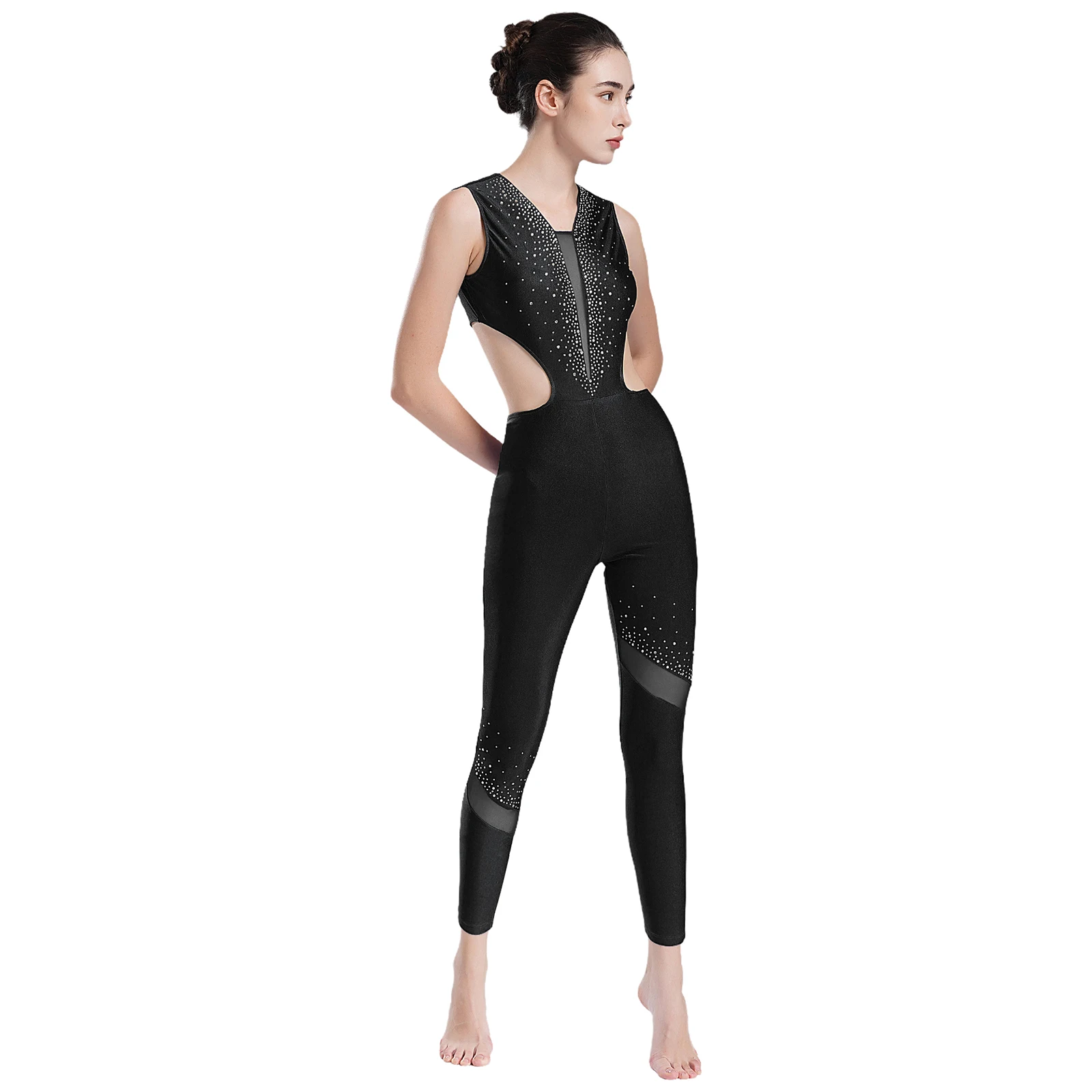 Women Figure Skating Jumpsuit Ballet Dance Gymnastics Yoga Acrobatics Costume Sleeveless Shiny Rhinestones Mesh Cutout Leotard