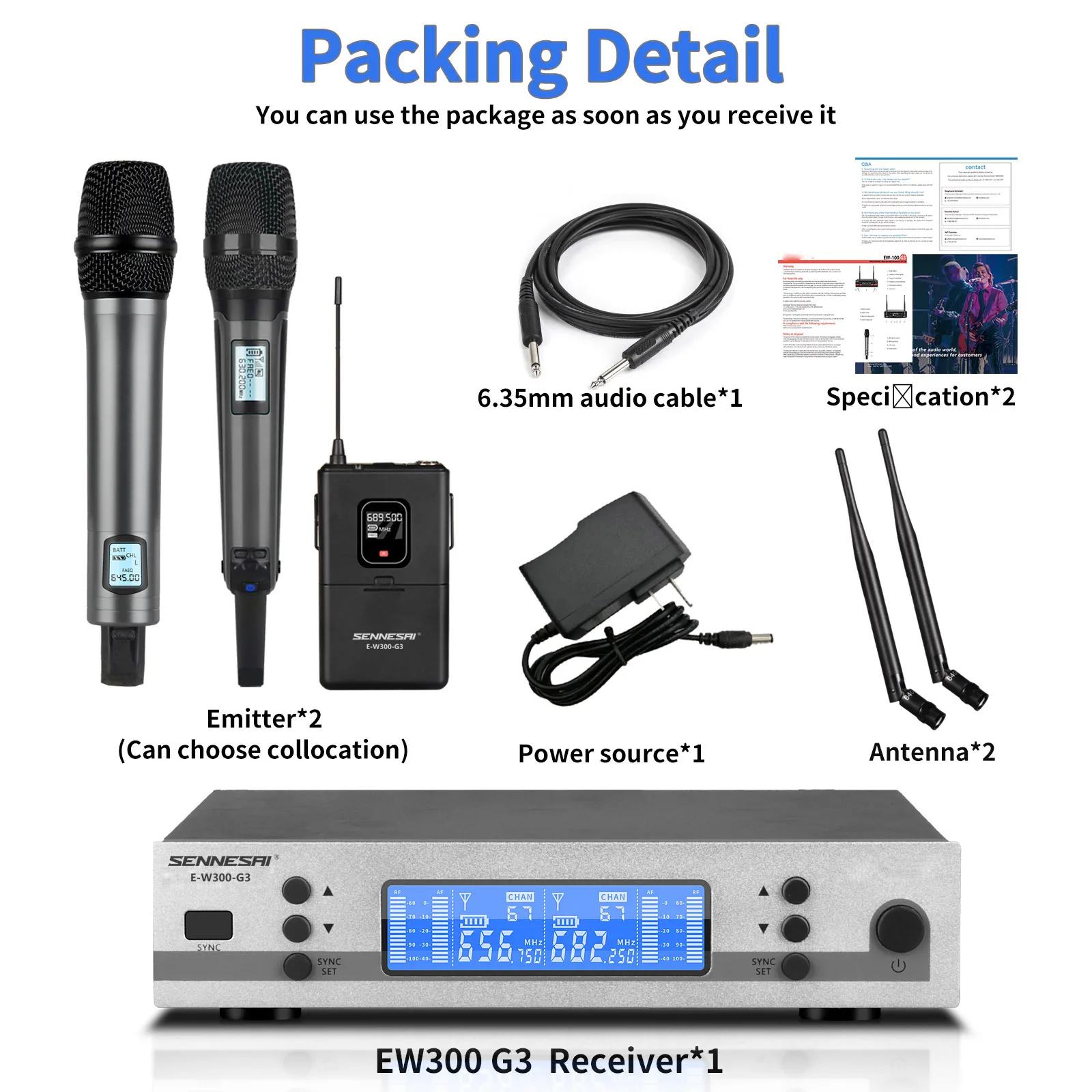 Top Quality！Ew300-G3 Professional Dual Wireless Microphone Stage Performance 2 Channels 600-699 UHF Karaoke Metal Handheld e835