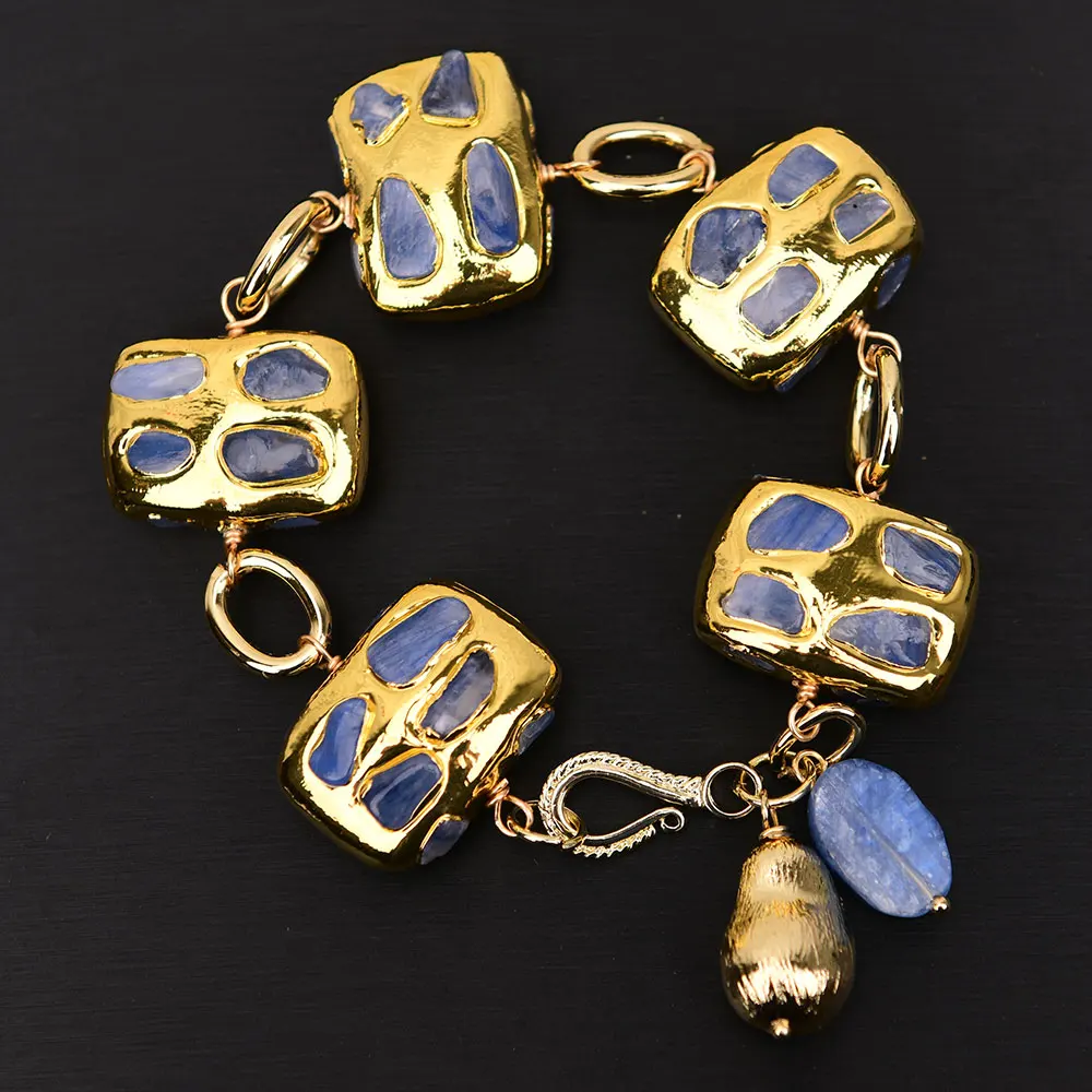 G-G Natural Blue Kyanite Rectangle Beads Gold Plated Chain Bracelet Brushed Beads Charms