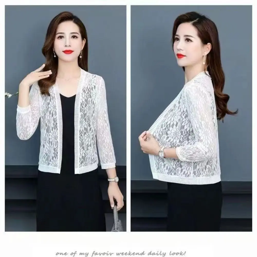 Summer Tie Up Women's Cardigan Floral Lace Beach Air-Conditioning Shirt Breathable Mesh Shawl Women