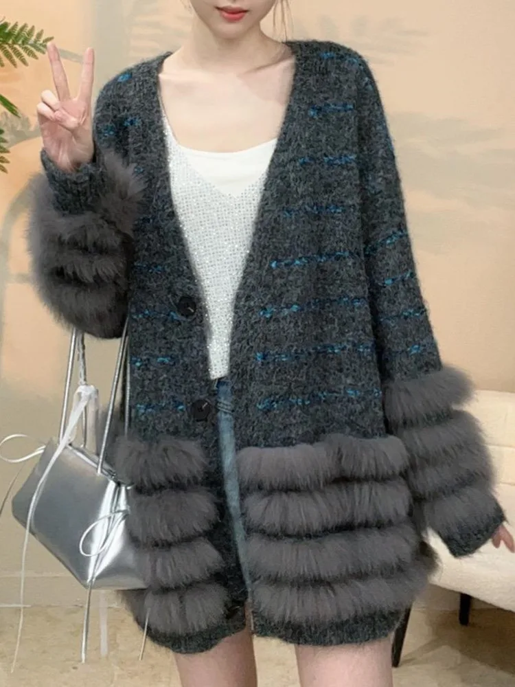 ZMEENNA Womens Elegant Faux Fur Trim Knit Cardigan Sweater With V Neck And Button Closure Casual Outerwear ZM3643