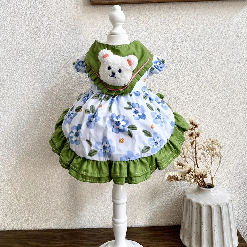 

Autumn Blue Green Pet Dog Clothes Fashion Cotton Flower Print Cute Bear Princess Dress For Small Medium Dog Schnauzer Dog Skirts