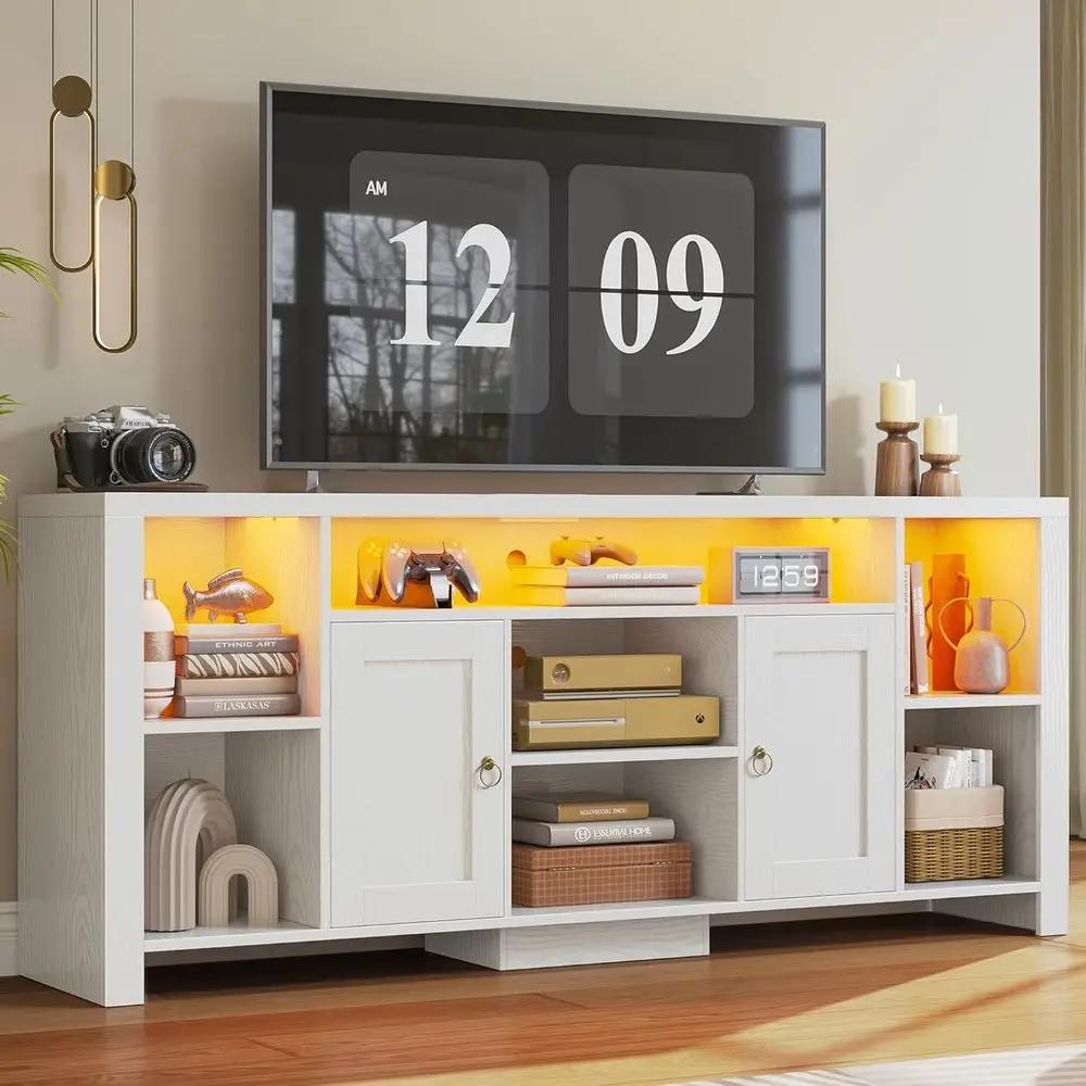 

80 Inch LED TV Stand with Power Outlet, Adjustable Shelves, and Open Storage for Living Room, White