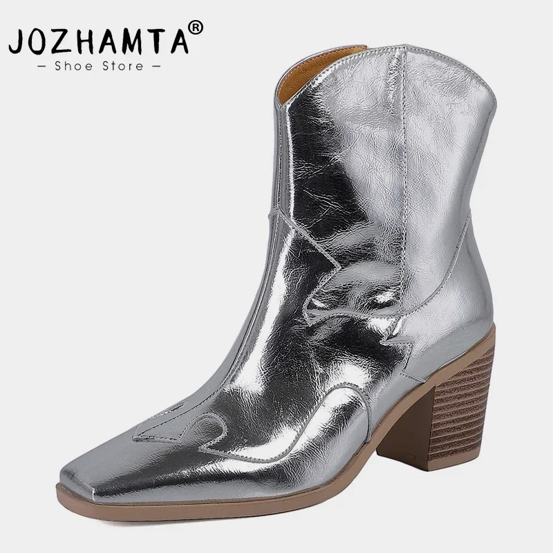 JOZHAMTA Size 34-43 Women Ankle Boots Real Leather Thick High Heels Shoes For Women Winter 2025 Western Boots Casual Ladies