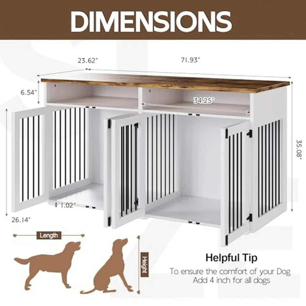 72'' Dog Crate Furniture for 2 Dogs Wooden Dog Cage with Storage Compartment Indoor Dog Kennel with 4 Doors for Medium