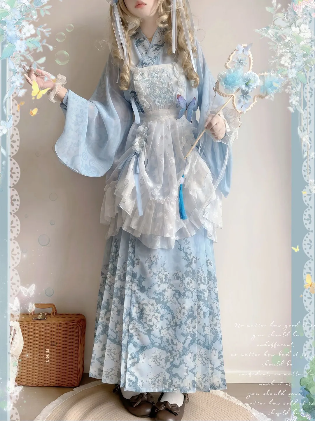 Blue Embroidered Hanfu Women's Skirt with Drawstring Chiffon Lolita Dress Traditional Chinese Costume Autumn Season Fashion