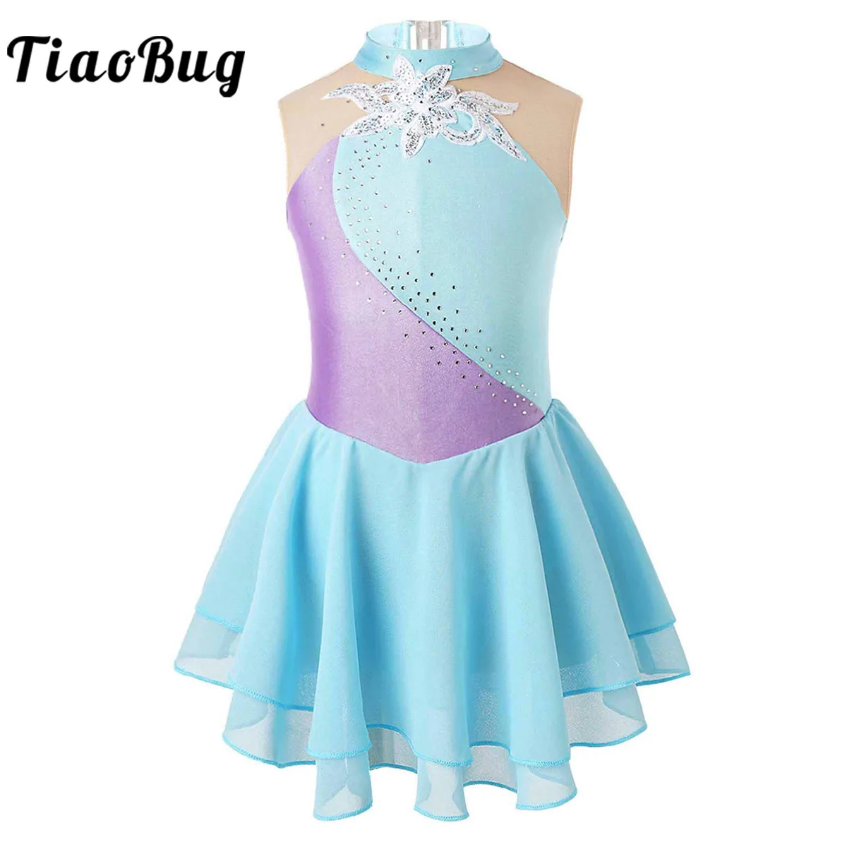 Kids Girls Sleeveless Figure Skating Dress Shiny Sequin Floral Sheer Mesh Tutu Ballet Gymnastics Dance Leotard Dress Costume