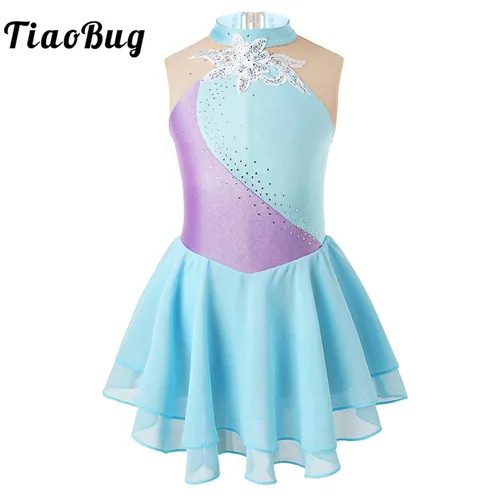 Vestido de patinaje artístico sin mangas para niñas, tutú de malla transparente Floral con lentejuelas brillantes, traje de leotardo para Ballet, gimnasia y danza