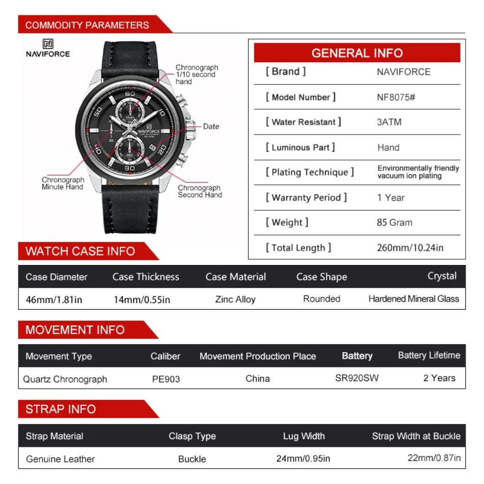 NAVIFORCE Jam Tangan Tangan Tali Kulit Asli Casing Aloi Jam Tangan Kasual Jam Tangan untuk Pria Tahan Air dengan Tanggal Bercahaya