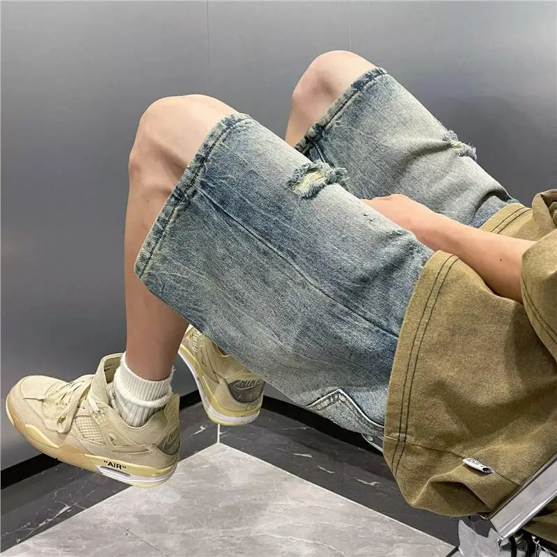 Retro American Casual Men's Short Jeans Shorts Four-Five Parts Hole Design Summer Thin Five-Five Pants Loose And Handsome