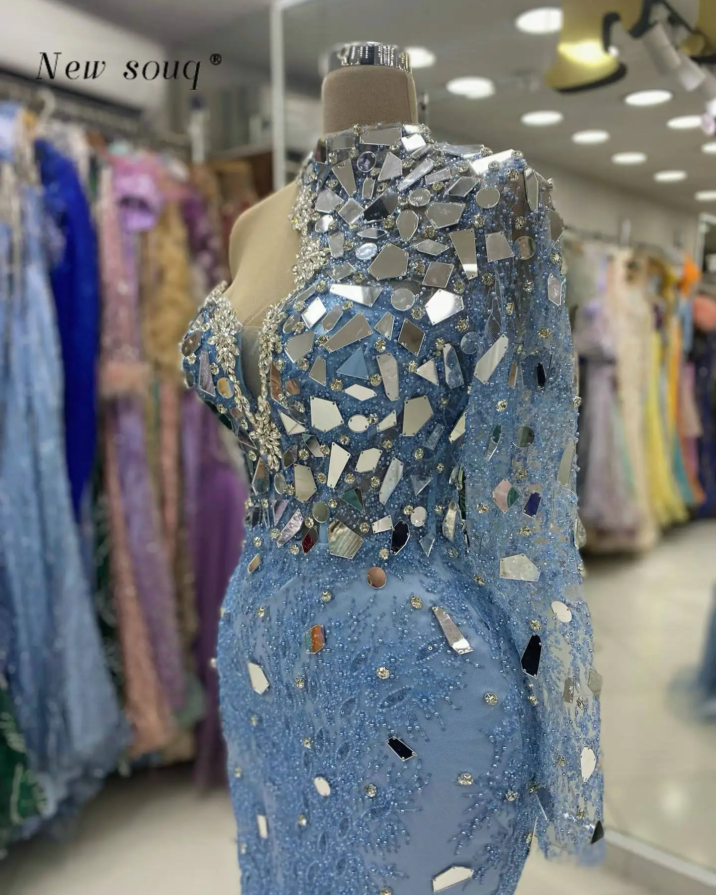 Mulheres Árabe Azul Um Ombro Longo Sereia Vestidos de Noite, Espelho de Prata Cristais, Vestidos de Casamento Formais, Jantar