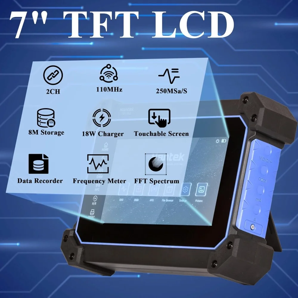 عرض النطاق الترددي الصناعي والعلمي اللوحي راسم الذبذبات 2CH 250MSa/s معدل أخذ العينات 7 بوصة تعمل باللمس عمق الذاكرة 8M