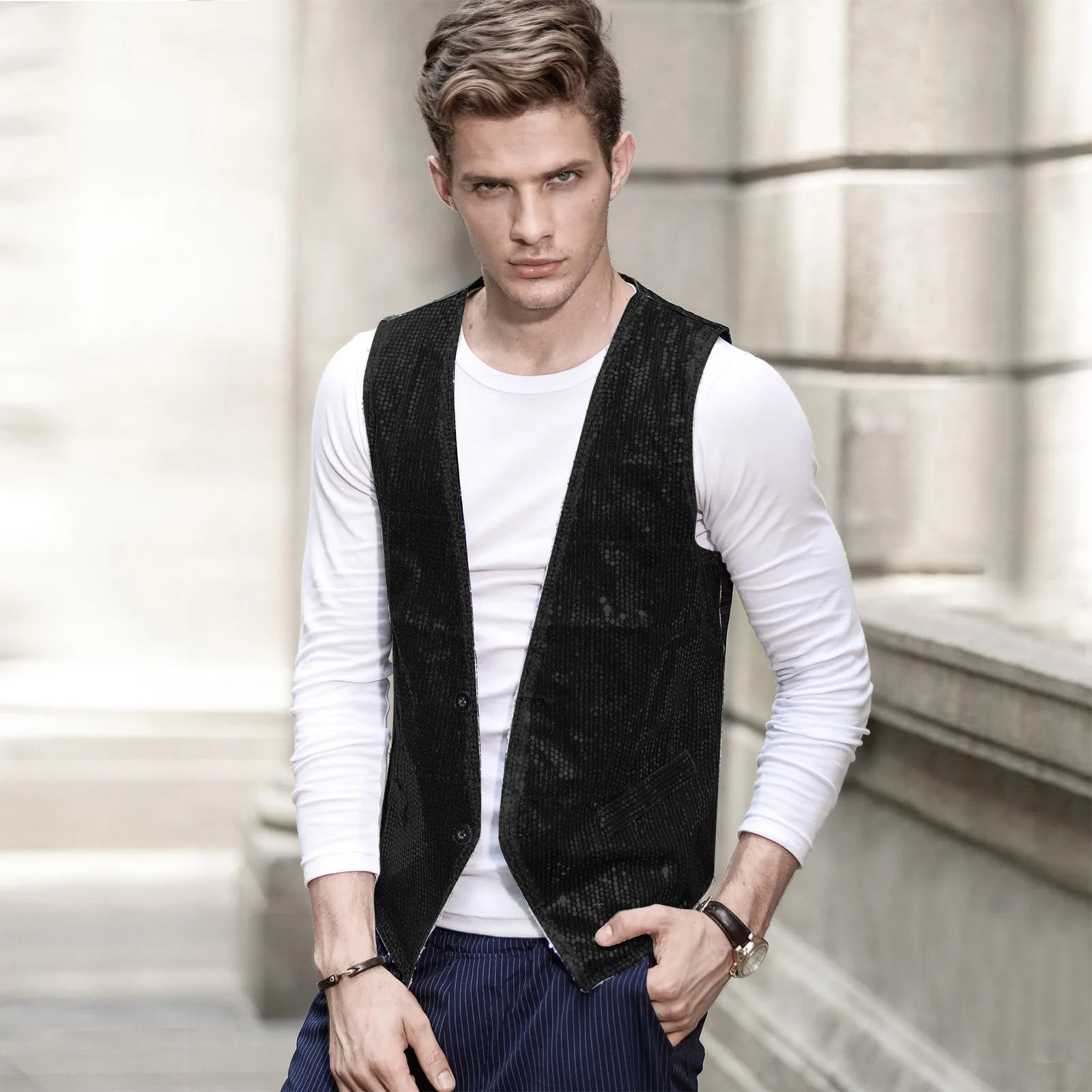 Male Shiny Sequin Blazer Vest Sparkling High Street Vest Waistcoat Streetwear Evening Wedding Men's Glitter Formal  Dress Vests