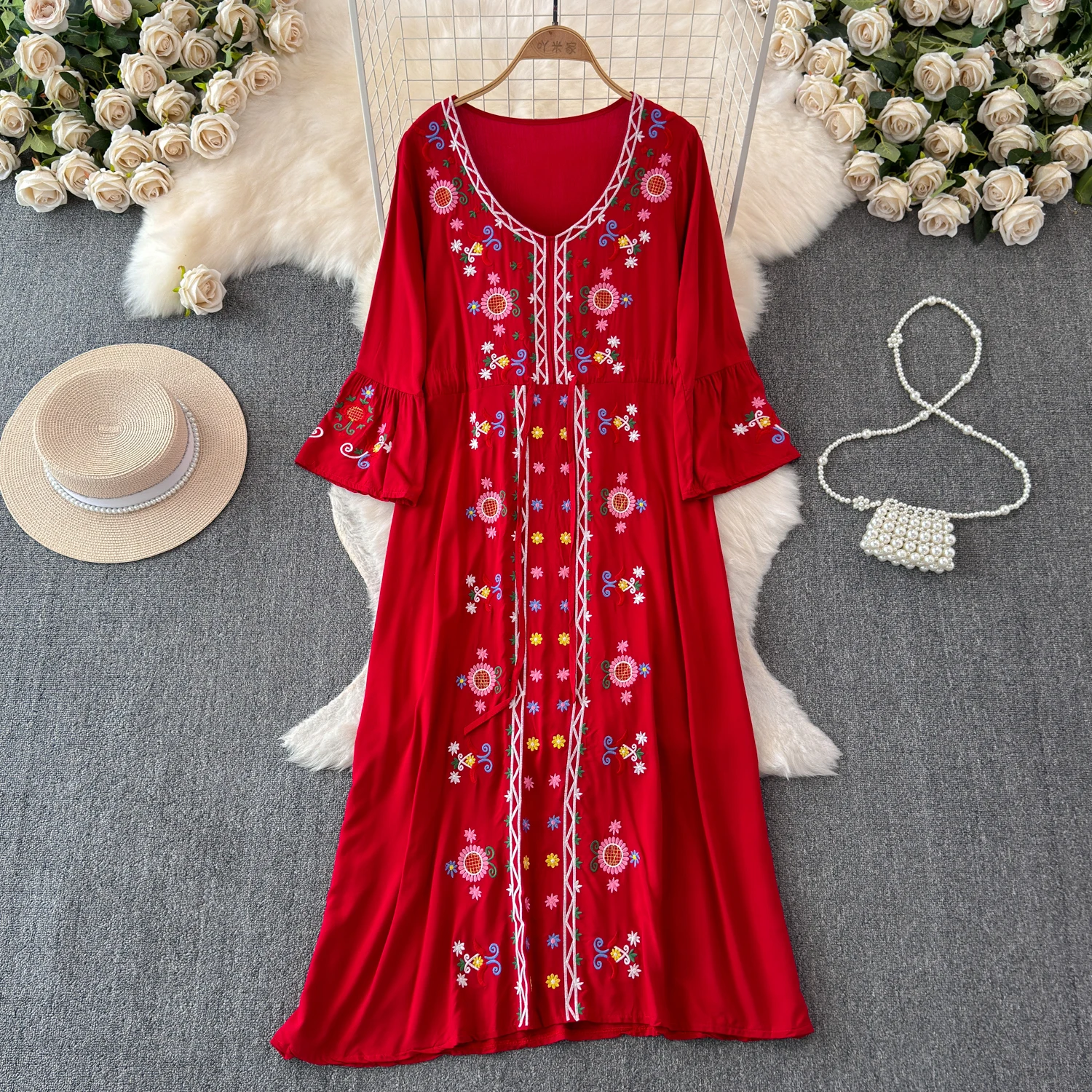 

Summer Long Festival Dress for Women Chic Embroidery Ruched Cotton Draw String Midi Vestidos Vintage Long Traf Holiday New In