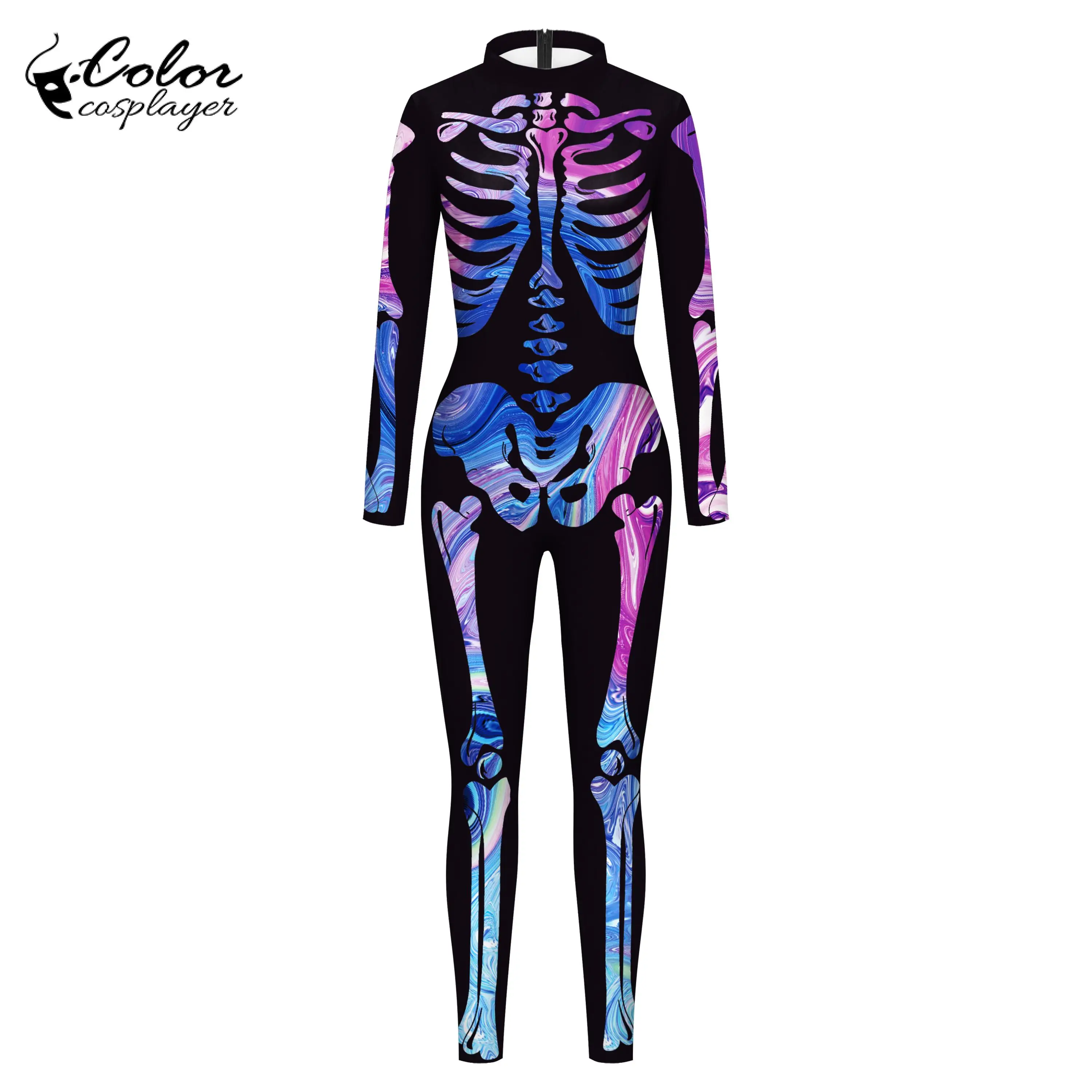 Kleur Cosplayer Halloween Party Cosplay Kostuum Vrouwen Skelet 3d Print Catsuit Lange Mouw Skinny Jumpsuits Zentai Bodysuits