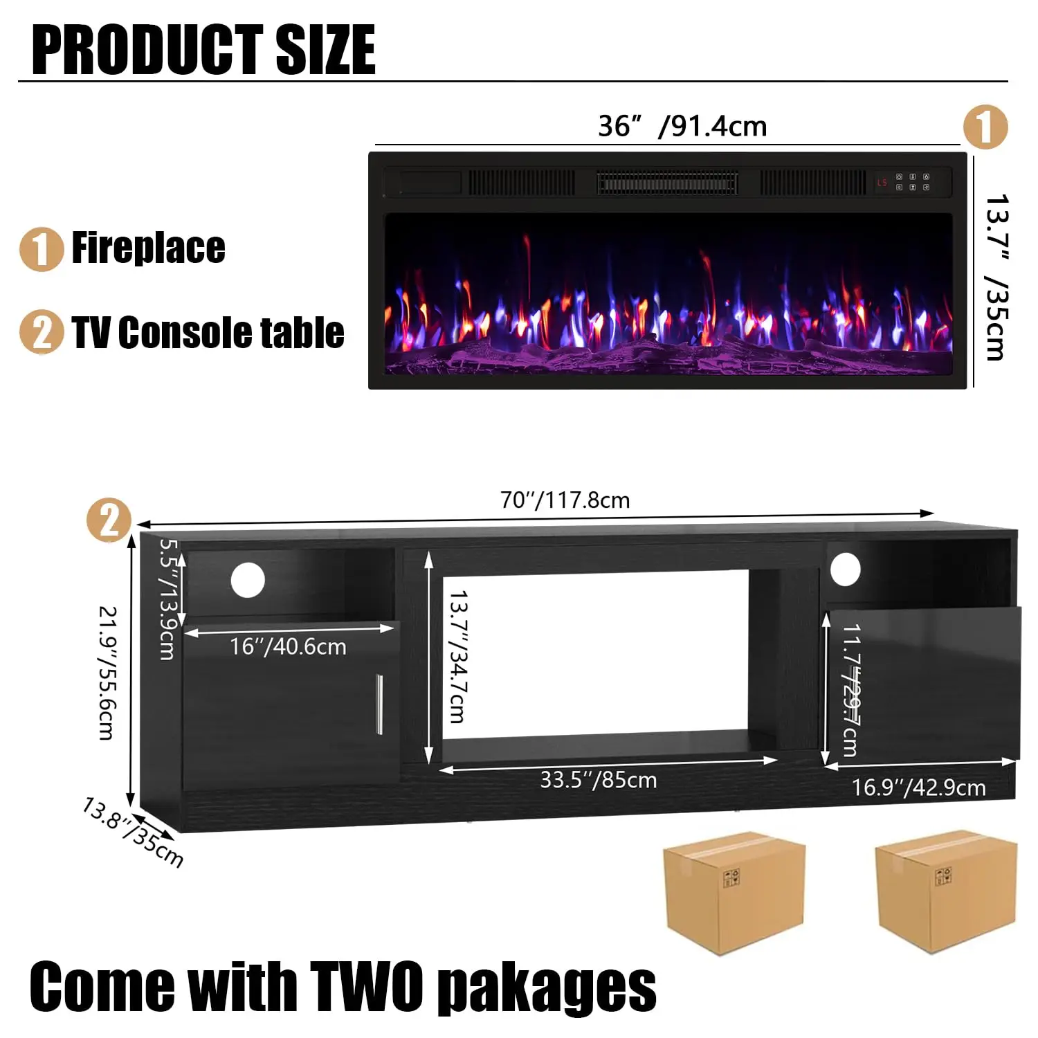 LED Light 70in Wood TV Entertainment Center Built-in 36
