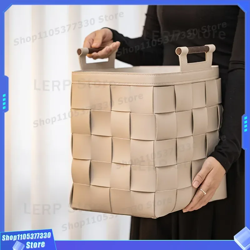 Hand Woven Leather Storage Basket for Dirty Laundry High End Light Luxury Sundries Organizer Bin Home Decor Woven Basket