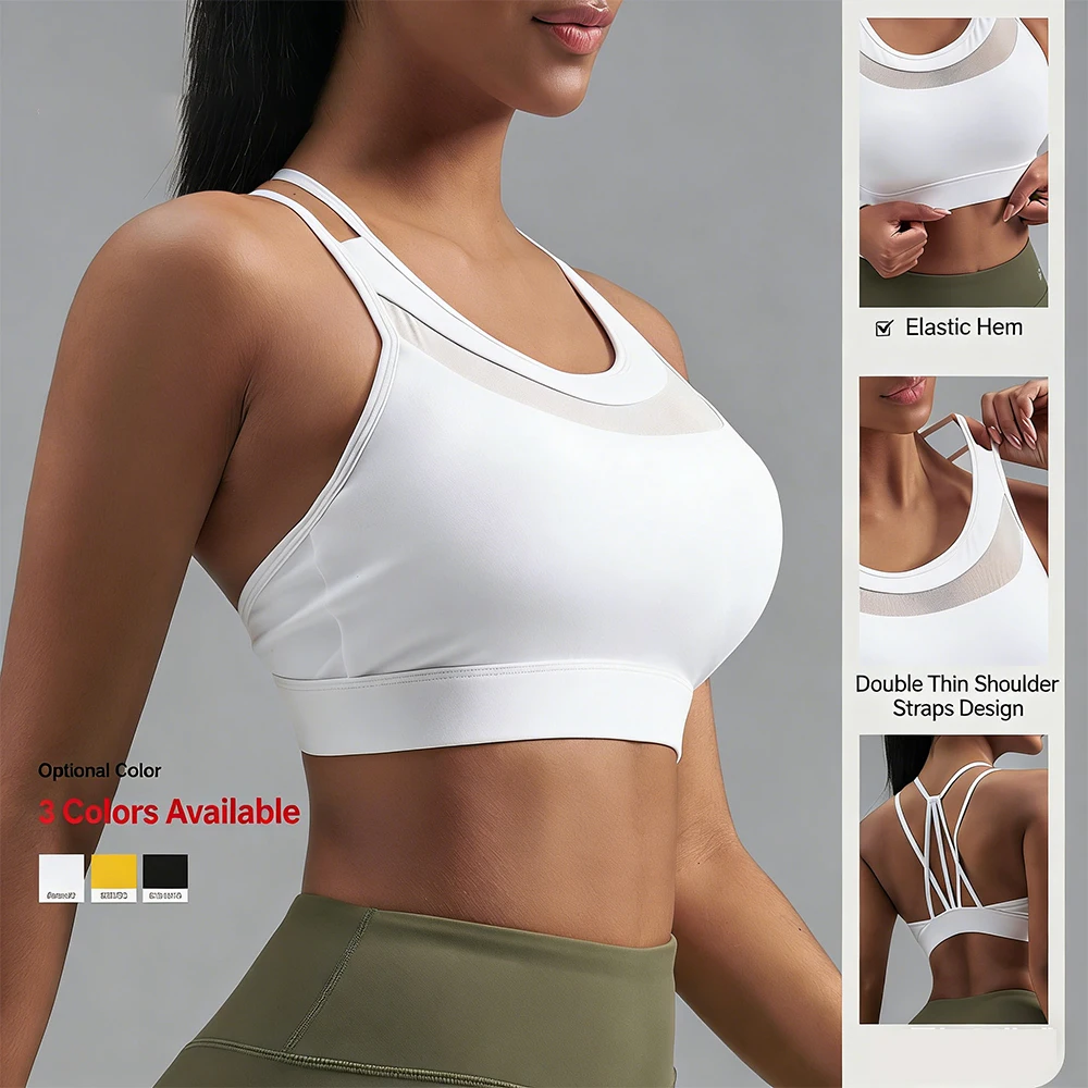 Women Strappy Back Mesh Sports Bra, Breathable Workout Crop Top with Elastic Hem, Supportive Yoga Bra for Fitness Running image 3
