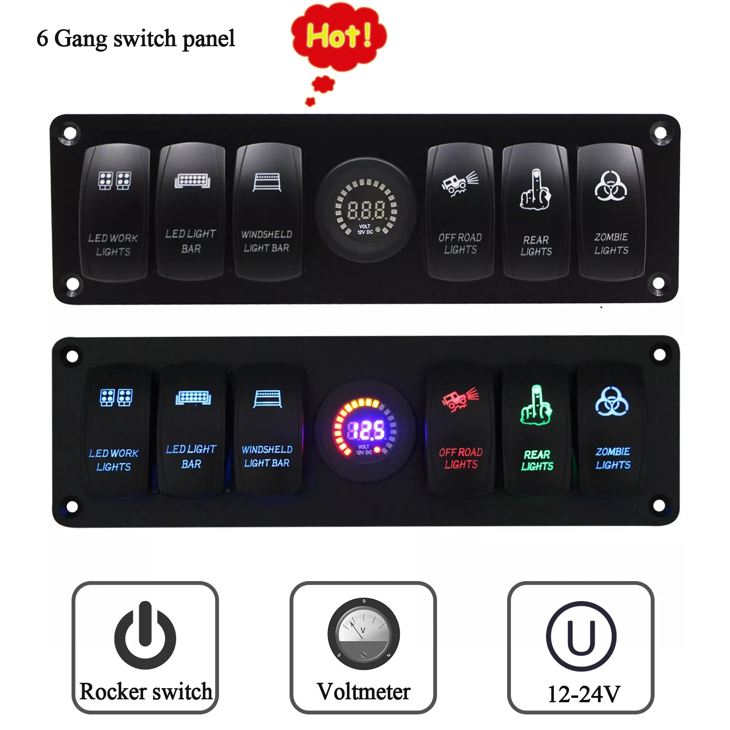 Colorful 12V 6 Gang Rocker Switch Panel Circuit Breaker LED Voltmeter RV Car Marine Boat Switch Panel Led Switch Panel Auto