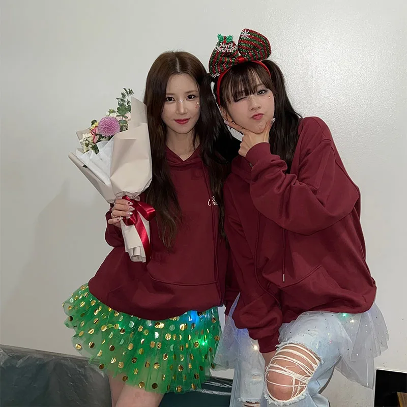 Apink2025 Concert Roze Cisas Lente Herfst Losse Capuchon Puur Katoen Fce Gevoerd Sweatshirt Dames Casual Lange Sve Hoodie