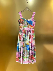 SEQINYY Elegant Midi Dress 100% Cotton Vintage Flower Print Summer Spring New Fashion Design Women Runway High Quality Holiday