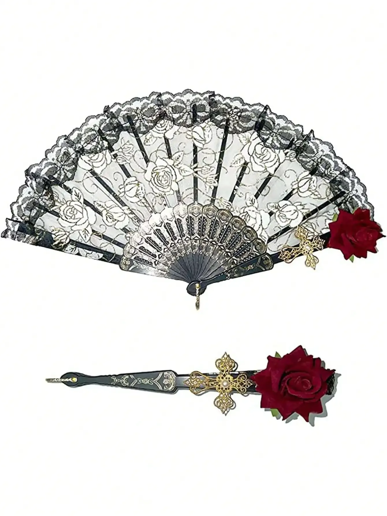 1 abanico de encaje español vintage elegante, abanico plegable de rosas europeas de lujo para cosplay, decoración, Día de San Valentín
