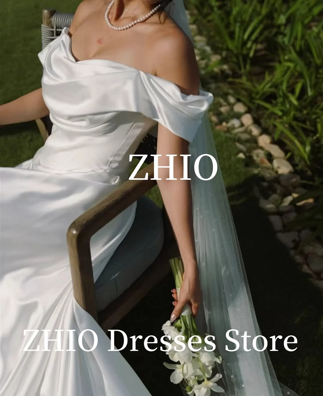 ZHIO فساتين زفاف بطيات الأميرة على شكل حرف A قبالة الكتف طول الأرض سويب تراين فستان زفاف كوريا لالتقاط الصور حسب الطلب