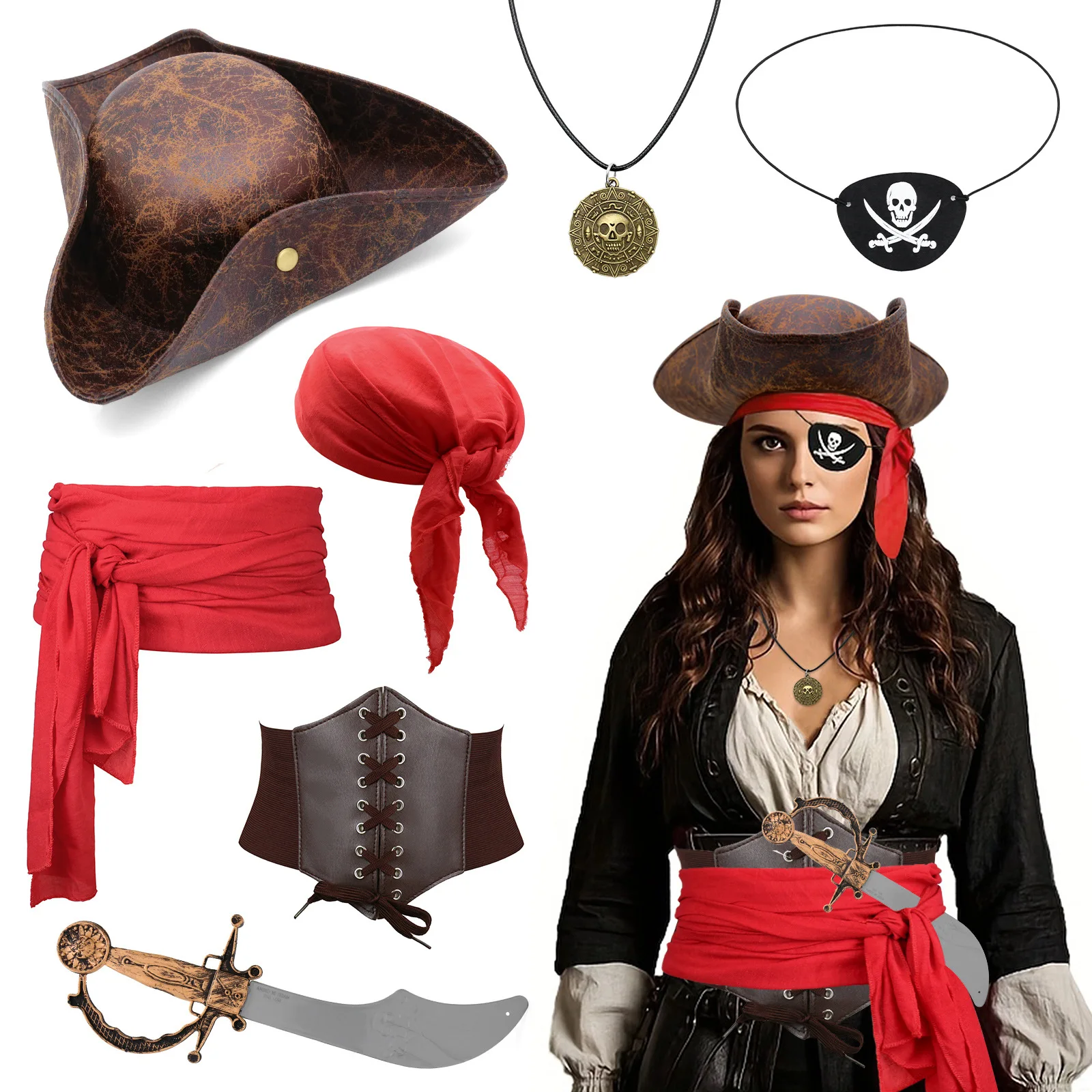 7 PCS /6 PCS Pirate Costume Accessories Women Men,Captain Pirate Accessories Set,Halloween Party Cosplay