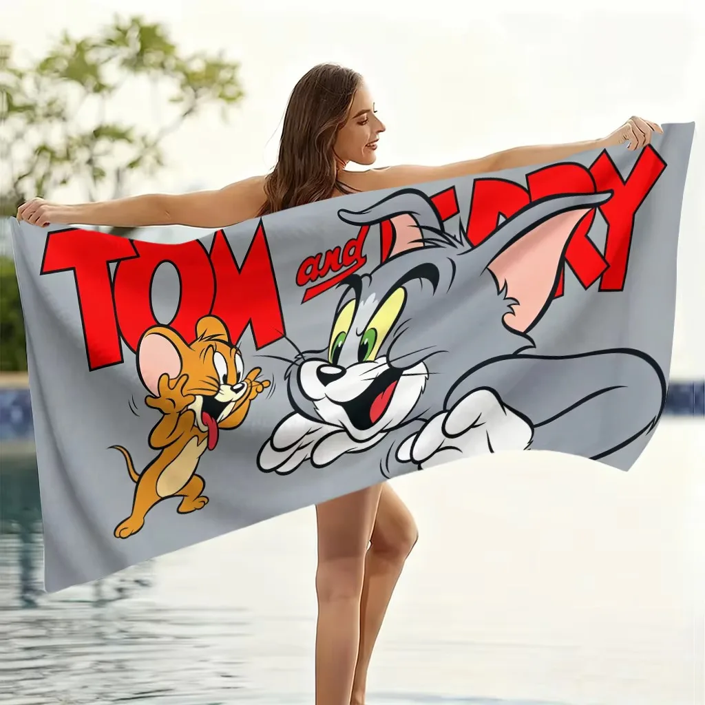 Tom and Jerry Cartoon Flat Print Beach Towel Soft Microfiber Absorbent Bath Towel for Beach Pool Camping Swimming Travel Gift