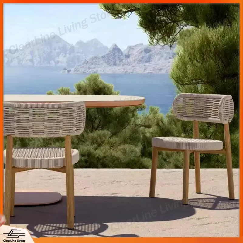 

Nordic Style Outdoor Furniture Set PE Rattan Rope Woven Patio Table and Chairs Garden Courtyard Villa Wooden Furniture for