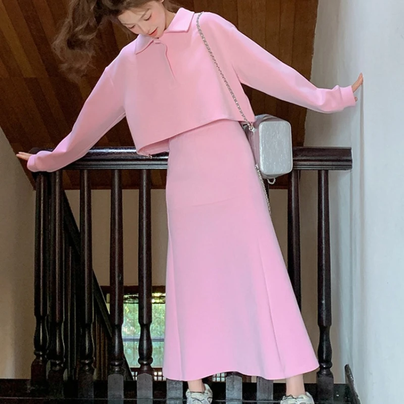 Modisches und lässiges einfarbiges zweiteiliges Set für Damen im Herbst 2022, neuer rosa Reverskragen-Pullover + halber Rock-Temperament-Set