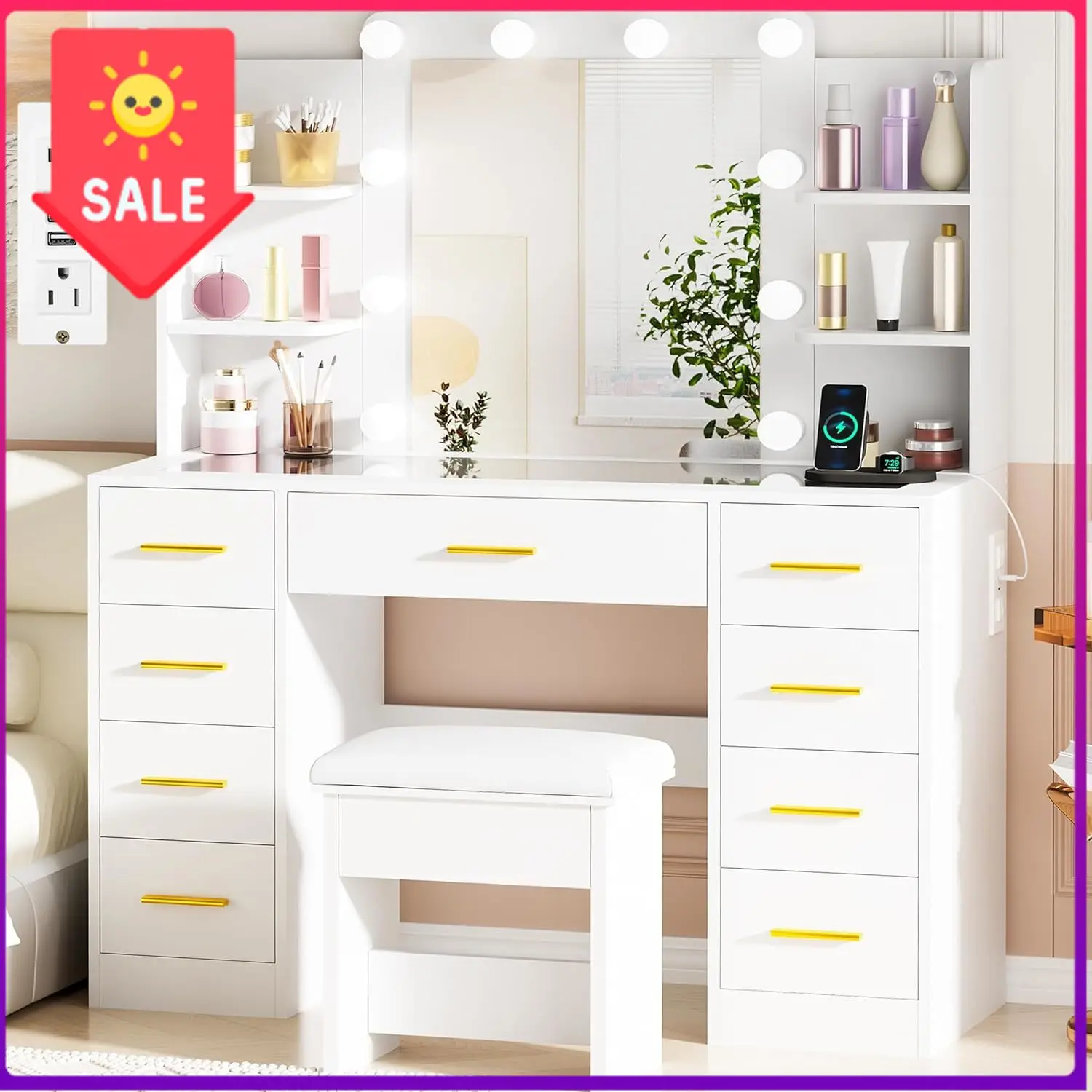 Large Vanity Desk with Mirror and Lights,Glass Top,9 Drawers | White Makeup Vanity Table with 4 Storage Shelves,Dressing Table