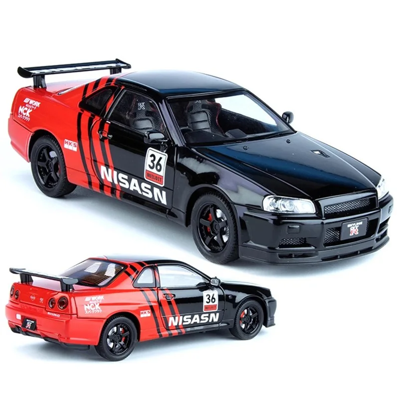 

1:18 Skyline Ares GTR GT-R R34, легкосплавная модель спортивного автомобиля, литая под давлением металлическая модель гоночного автомобиля, звук и свет, детская игрушка в подарок