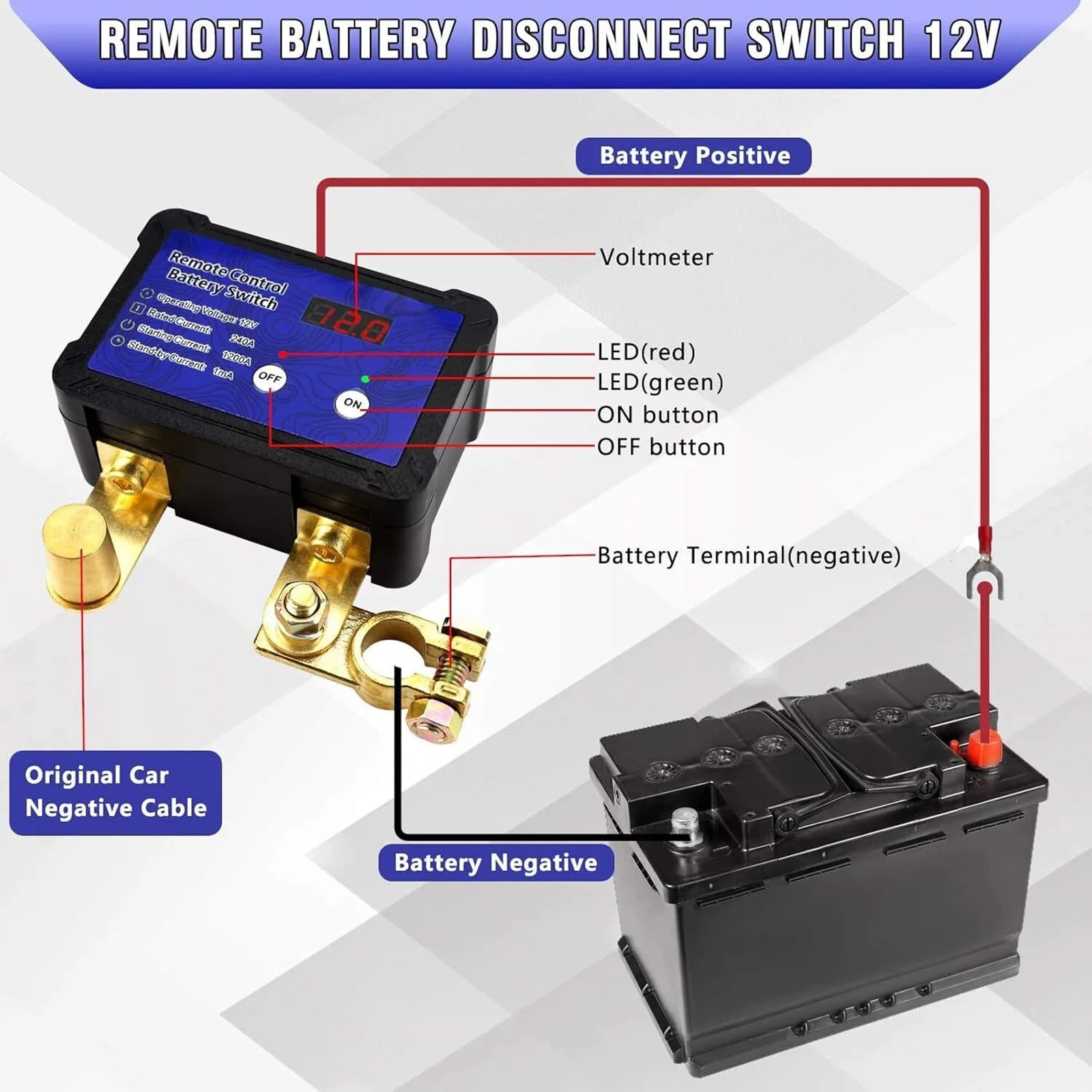 240A 12V Remote Battery Disconnect Switch with LED Anti-Theft Kill Switch with Automatic Shut-Off for Car Truck Boat RV