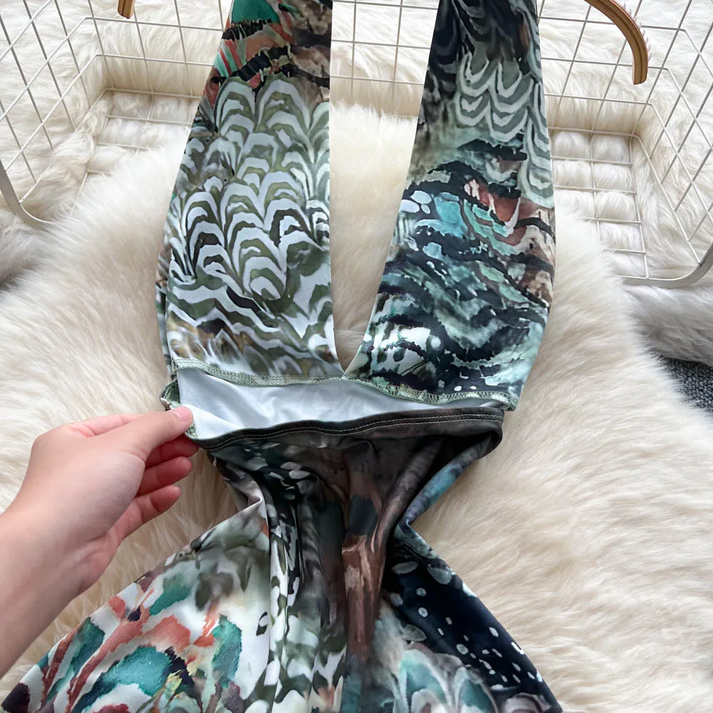 Chic vintage scollo a V increspato senza schienale sottile elegante fata moda coreana Boho vestito estivo abbigliamento donna Abito lungo