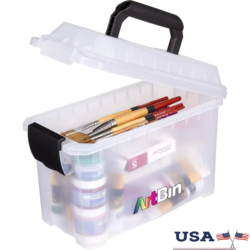 

Portable Mini Art Craft Organizer Case with Clear Plastic Storage Handle Supplies Paints Brushes Scissors Beads Ribbons and