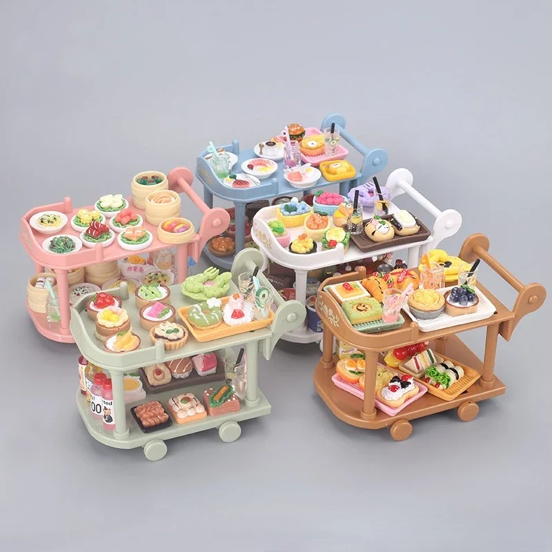 Dollhouse Food Carts Trolley with Mini Food 1set Dinnerware Drink Miniature House Toy Kitchen Scene Doll Accessories Home Decor