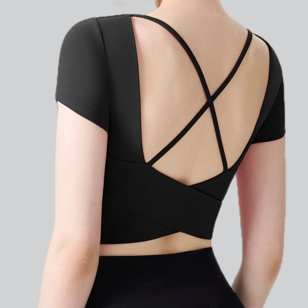 Yoga Top With Chest Cushion Women's Sexy Fitness Backless Sports T Shirts Short Sleeve Quick Drying Running Gym Workout Crop Top