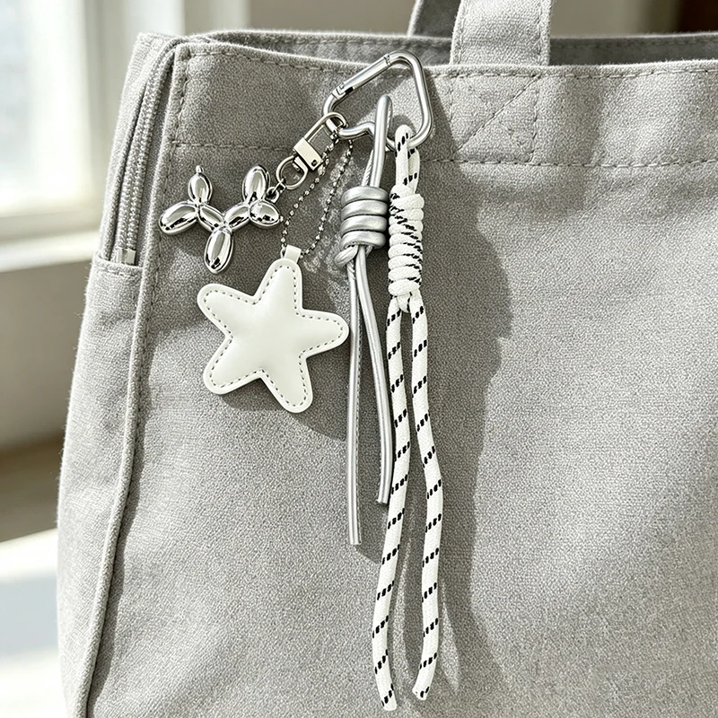 Leather Star Bag Keychain Handmade Star and Braided Rope  Balloon Dog Pendant Black and White Pendant Decoration Bag