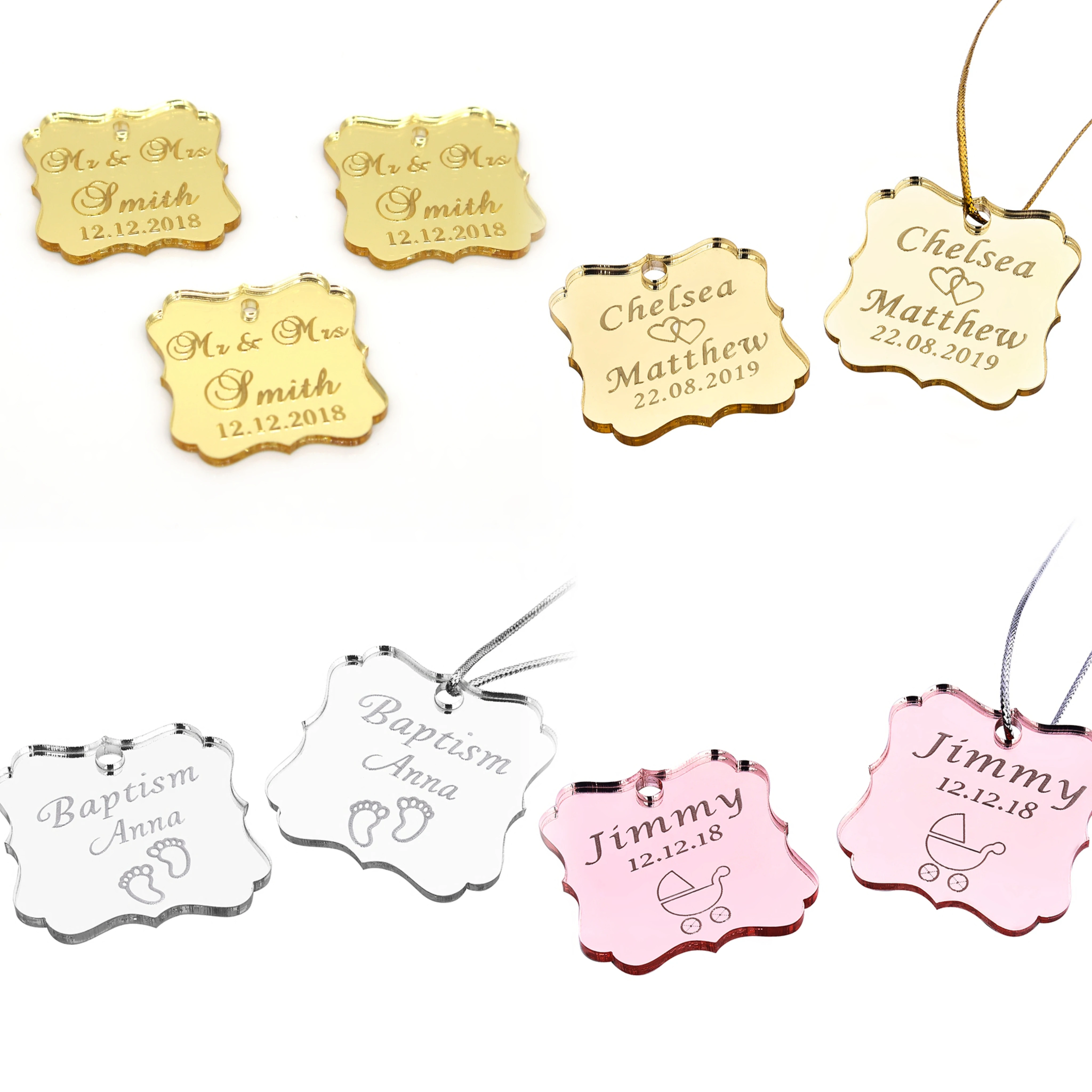 30/50/100Pcs Personalized Tag Engraved Mirror Acrylic Square Tag Wedding Party Name Baby Baptism Decoration Favors Custom Gift