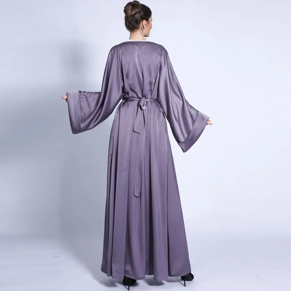 7色展開、ムスリム女性用サテンロングドレス、ゆったりとしたカフタン、豪華なパーティー、イブニングアバヤ、無地、ラインストーンベルト付き、ファッショナブルなラマダン向け
