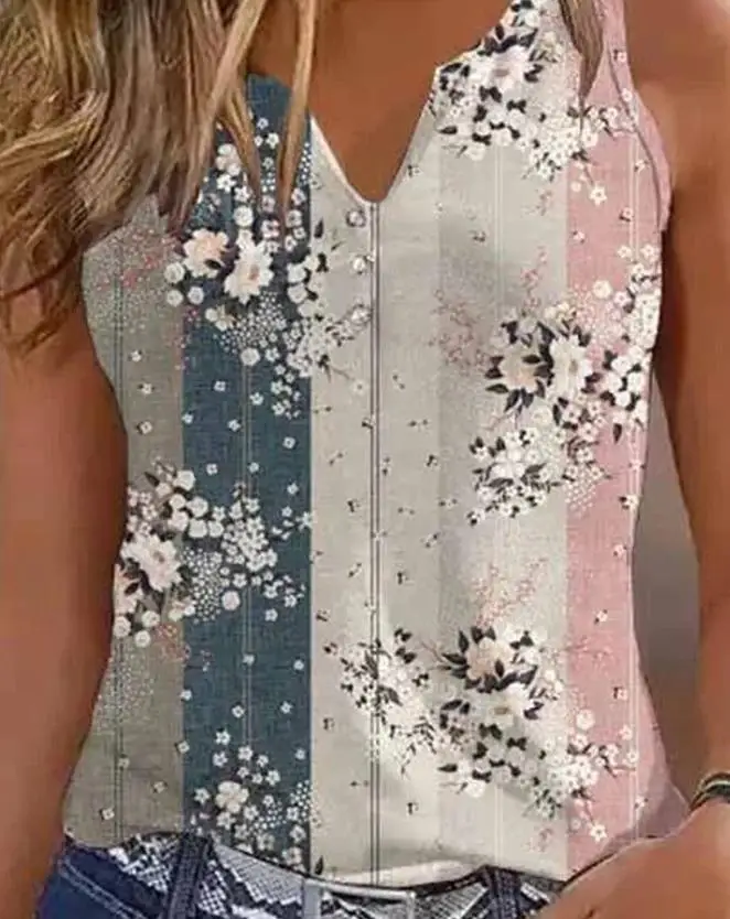 Hot Selling for Women 2024 Summer Tank Sleeveless New Fashion Floral Print Colorblock Notch Neck Daily Vacation Tank Top