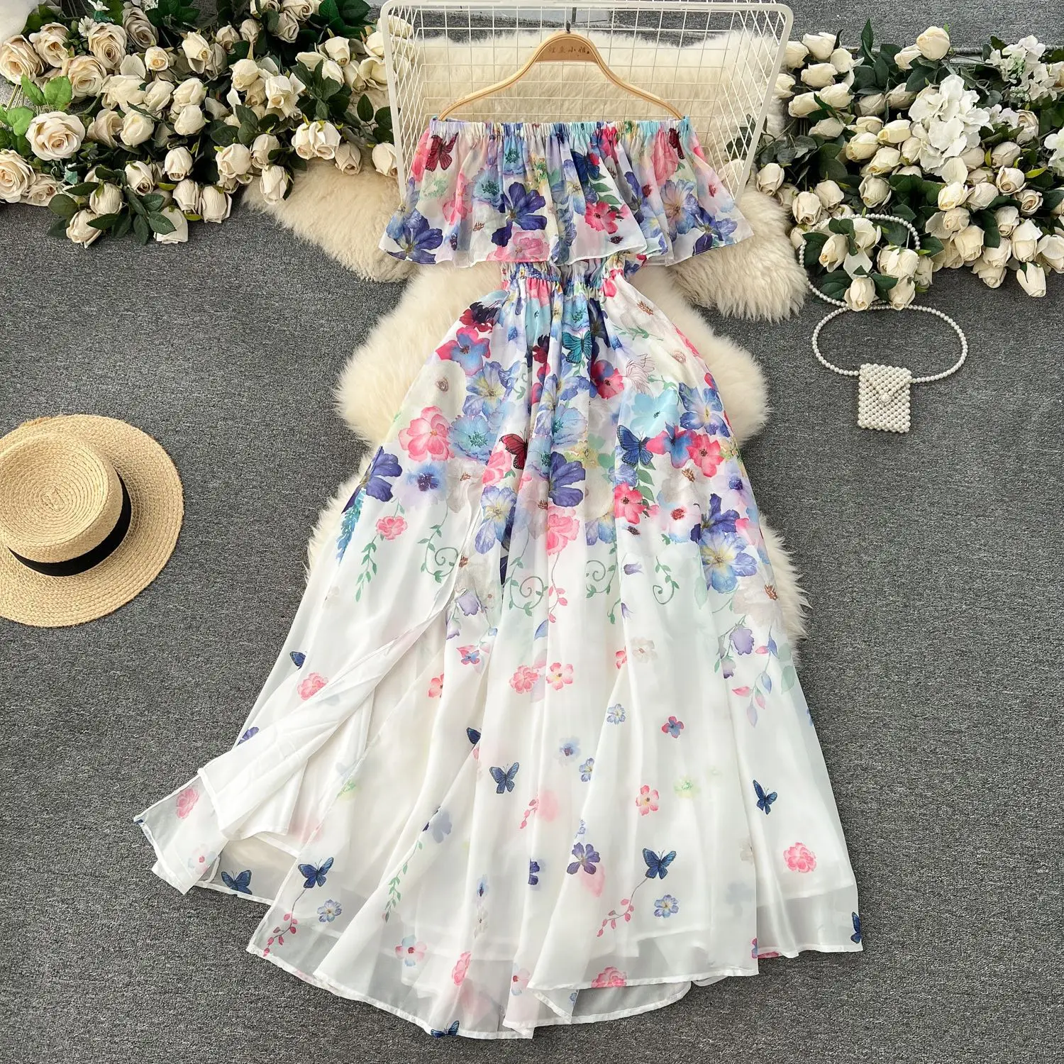 

Dress Women Long Dresses A Line Print Vestidos Off Shoulder Sleeveless Ruffles Party Night Elegant Splice Y2k Streetwear