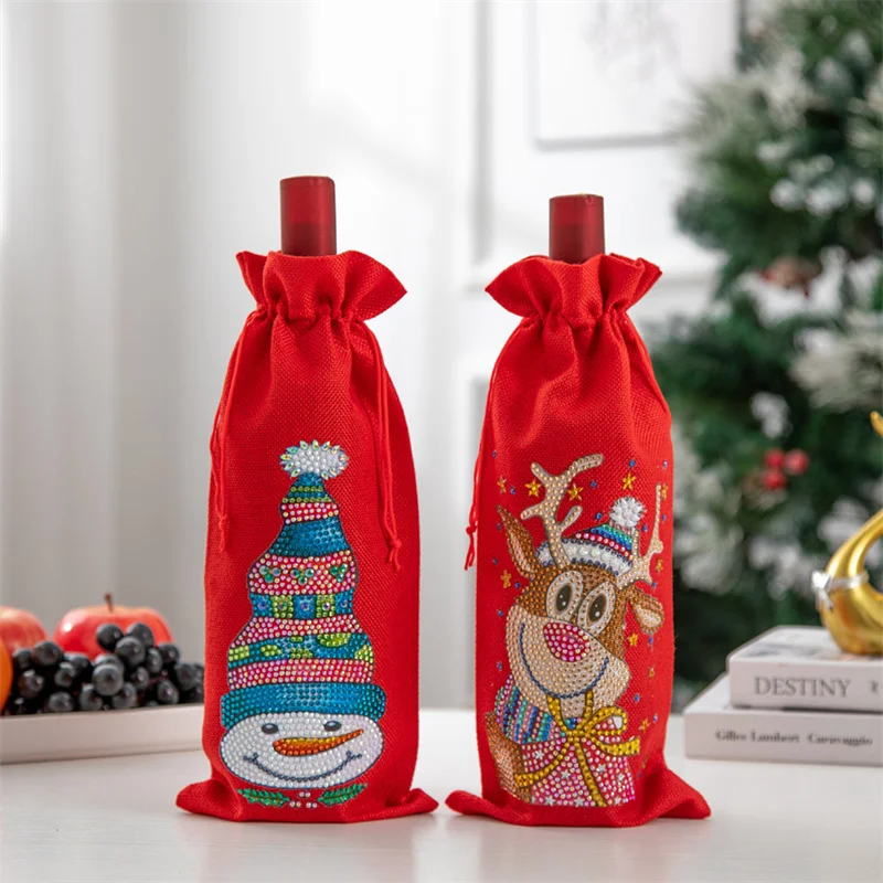 Analyste de couverture de bouteille de vin de Noël bricolage, peinture au diamant, perceuse en forme spéciale, sac à ficelle de proximité joyeux Noël, décorations